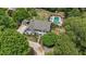 Expansive aerial view showcases a private backyard with a pool, play area, and lush landscaping at 9805 Buice Rd, Alpharetta, GA 30022