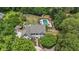 Expansive aerial view showcases a private backyard with a pool, play area, and lush landscaping at 9805 Buice Rd, Alpharetta, GA 30022