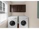 Laundry room featuring a pair of modern, white washing machines under dark cabinetry at 3737 Falls Trl, Winston, GA 30187