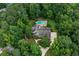Overhead view of a beautiful house featuring a swimming pool nestled among lush greenery and mature trees at 140 Silvermere, Fayetteville, GA 30215