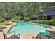 Inviting backyard pool area with clear water, lounge chairs, and a serene setting surrounded by trees at 140 Silvermere, Fayetteville, GA 30215