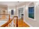Upstairs hallway featuring hardwood floors, white railings, and recessed wall niches at 1806 Wynthrop Manor Sw Dr, Marietta, GA 30064