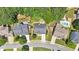 Aerial view of several homes showing neighborhood layout, lush landscaping, and community pool at 204 Sawtooth Ct, Canton, GA 30114