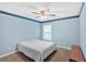 Bedroom featuring blue accent walls, carpet floors, a ceiling fan, and a window for natural light at 204 Sawtooth Ct, Canton, GA 30114