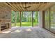 Covered outdoor living space features a stone patio, brick fireplace, and backyard view at 2461 Fernleaf Nw Ct, Atlanta, GA 30318