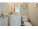 Stylish half-bathroom with white vanity, marble countertop, and decorative wall art at 875 Soaring Cir, Marietta, GA 30062