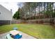 Large fenced backyard featuring a well-maintained lawn, mature trees, and play equipment, perfect for outdoor activities at 245 Weatherstone Pointe Dr, Woodstock, GA 30188