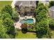 An aerial view of the backyard with a pool, spa, mature trees, and patio at 307 Heritage Overlook, Woodstock, GA 30188