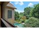 View from above of the luxurious backyard featuring a pristine pool and mature trees under a blue sky at 307 Heritage Overlook, Woodstock, GA 30188