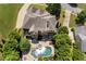 Aerial view showcases the backyard's in-ground pool, hot tub, deck, and lush landscaping at 307 Heritage Overlook, Woodstock, GA 30188