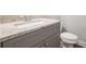 Bathroom featuring gray cabinets, granite countertop and brushed nickel faucet at 1878 Weston Ln, Tucker, GA 30084