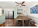 Kitchen with dining area featuring an industrial table, stainless appliances, and painted cabinets at 5018 Old Ivy Rd, Peachtree Corners, GA 30096