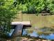 A tranquil pond with a wooden pier, surrounded by lush foliage at 672 Red Sunset Cir, Powder Springs, GA 30127