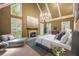 Spacious main bedroom with fireplace, chandelier, neutral carpet, and multiple windows at 410 Waterridge Ct, Sandy Springs, GA 30350
