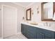 Bathroom features custom blue vanity with double sinks, wood framed mirrors, and designer lighting at 2617 Warwick Ne Cir, Atlanta, GA 30345