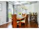 Bright dining room boasts hardwood floors, modern chandelier, and a stylish bar cabinet at 3869 Maiden Fern Ln, Snellville, GA 30039