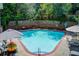 Community pool surrounded by lush greenery, lounge chairs, and shade umbrellas at 1105 Clairemont Ave # J, Decatur, GA 30030
