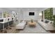 Bright open-concept living space featuring sleek furniture, modern lighting, and an open view to the dining area at 1770 Austin Dr, Decatur, GA 30032