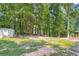 Secluded backyard with mature trees, green grass, and a storage shed for outdoor equipment and supplies at 8767 N View Dr, Lithia Springs, GA 30122