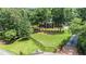 Aerial view of a stately home with a manicured lawn, iron fence and circular driveway at 402 Clyde Ct, Mcdonough, GA 30252