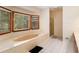 Bathroom featuring a large soaking tub beneath several windows and a walk in shower at 402 Clyde Ct, Mcdonough, GA 30252