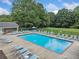 Large community swimming pool and lounge area with mature trees and shade at 1468 Briarwood Ne Rd # 406, Brookhaven, GA 30319