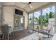 Relax on this screened porch with ceiling fan, and outdoor furniture and a view of green foliage at 5605 Miners Rdg, Cumming, GA 30028