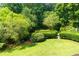 Beautiful backyard featuring a well maintained lawn, mature trees, and manicured landscaping at 130 Hamilton Way, Roswell, GA 30075