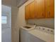 Laundry room features washer and dryer with built-in cabinets for storage at 1453 Cambridge Cmn, Decatur, GA 30033