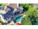 Aerial shot of backyard pool and patio area, surrounded by lush greenery and trees at 8455 Abingdon Ln, Duluth, GA 30097