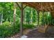 Relaxing backyard patio area features a porch swing and wooded views at 278 Shire Way, Lawrenceville, GA 30044