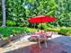 Charming outdoor patio area featuring a red umbrella, table, and chairs, surrounded by lush greenery at 750 Whitehall Way, Roswell, GA 30076