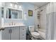 Bathroom featuring blue walls, a white vanity and a tub shower with a patterned shower curtain at 1445 Monroe Ne Dr # F12, Atlanta, GA 30324