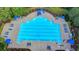 Aerial view of the Olympic-sized community swimming pool featuring lounge chairs, umbrellas, and shade trees at 350 River Walk Ter, Johns Creek, GA 30024