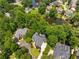 Aerial view of the neighborhood highlighting the lush greenery, pond, and well-spaced homes in the community at 4789 Crest Park Ln, Marietta, GA 30068