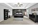 Spacious primary bedroom with modern decor, tray ceilings, and a statement wood accent wall at 4445 Hager Ct, Cumming, GA 30040