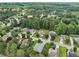 Aerial view of neighborhood with mature trees, some homes featuring in-ground pools, and nearby lake at 3011 Stillwater Dr, Villa Rica, GA 30180
