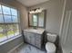 Bathroom featuring marble floors, gray vanity with granite countertop, and a window with a view at 6798 Blackstone Pl # 12, Mableton, GA 30126