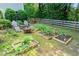 Backyard garden area featuring a fire pit, wooden chairs and raised garden beds at 5340 Harris Creek Dr, Cumming, GA 30040