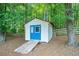 Backyard shed with blue doors, convenient ramp, and wooden fence at 5340 Harris Creek Dr, Cumming, GA 30040