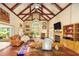 Cozy living room with vaulted ceilings, exposed wood beams, and a fireplace at 1565 Kings Xing, Smoke Rise, GA 30087