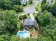 Aerial view of home with in-ground pool, mature trees, deck, and landscaped yard at 505 Armor Knl, Powder Springs, GA 30127