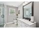 Bathroom featuring a marble vanity, large mirror, and glass-enclosed shower at 2631 Young Rd, Stone Mountain, GA 30088
