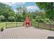 Outdoor deck with railing and brick fireplace offers a private view of nature at 2631 Young Rd, Stone Mountain, GA 30088