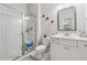 Clean bathroom featuring a glass-enclosed shower, white vanity with storage, and contemporary decor at 5545 Adirondack Dr, Cumming, GA 30040