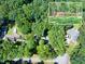 Aerial view of property showcasing its lush surroundings, pool, and proximity to other homes in the neighborhood at 686 Hillwood Ct, Dacula, GA 30019