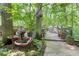 Backyard featuring a decorative fountain, lush greenery, and a peaceful seating area, perfect for relaxation at 686 Hillwood Ct, Dacula, GA 30019