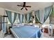 Inviting sunroom with brick floor, ceiling fan, curtains and dining table set at 1668 Legrand Cir, Lawrenceville, GA 30043