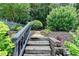 Charming outdoor pathway showcasing wooden steps and lush landscaping, creating a serene and inviting backyard retreat at 510 Elgaen Ct, Roswell, GA 30075