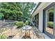 Enjoy outdoor living on this stone patio, with lush greenery and a charming white picket fence enhancing the serene setting at 510 Elgaen Ct, Roswell, GA 30075